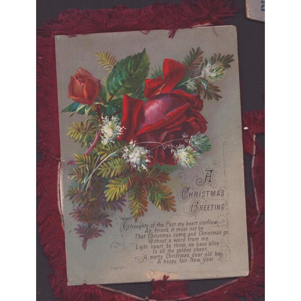 Victorian Fringed Christmas Cards Antique Floral Lithograph Lot of 2 Red Blue - Picture 1 of 4